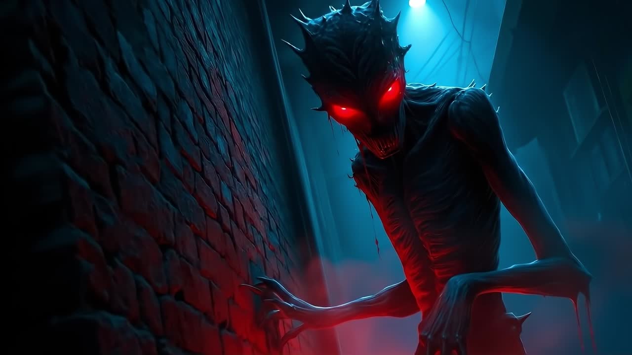 A creepy looking creature with red eyes standing in a dark alleyway
