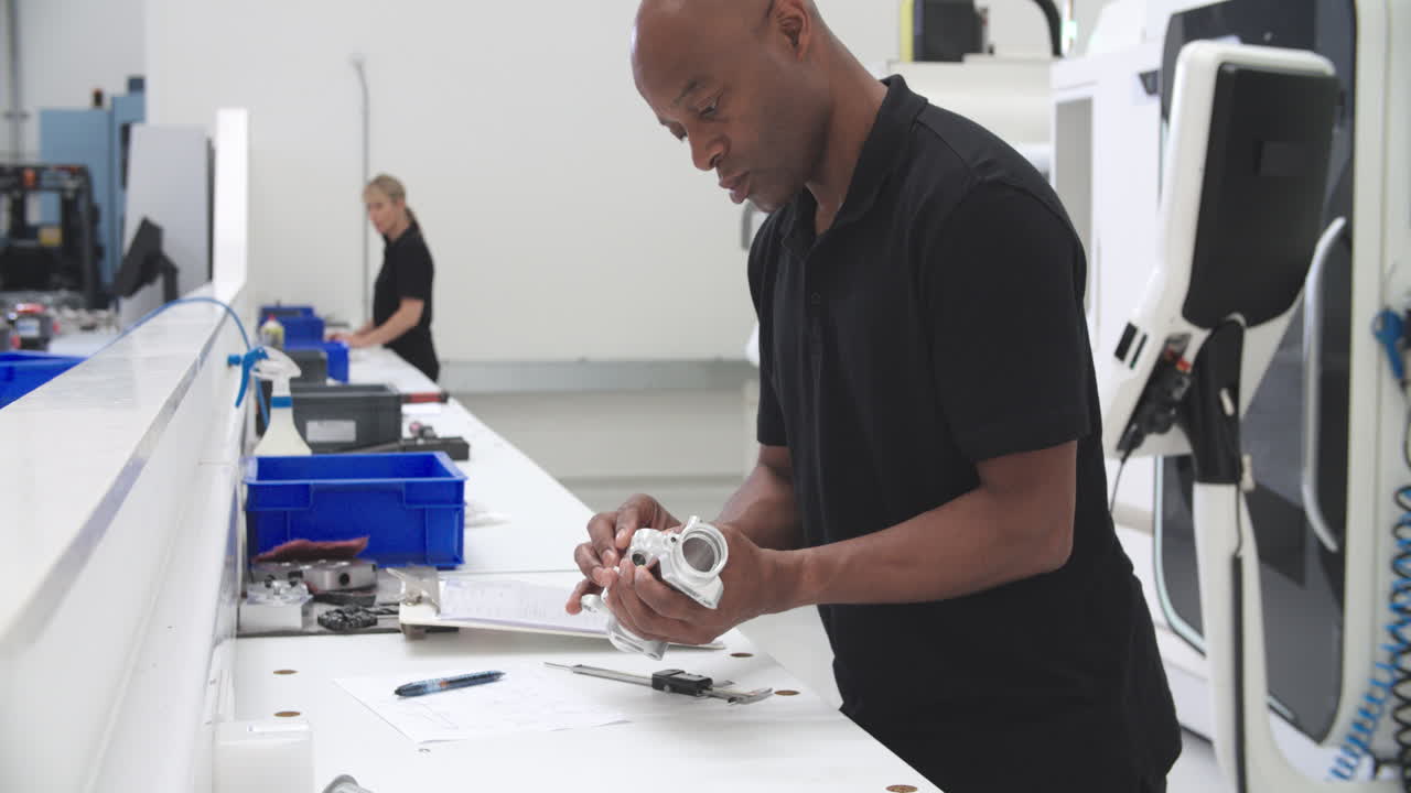 Workers In Engineering Factory Checking Component Quality