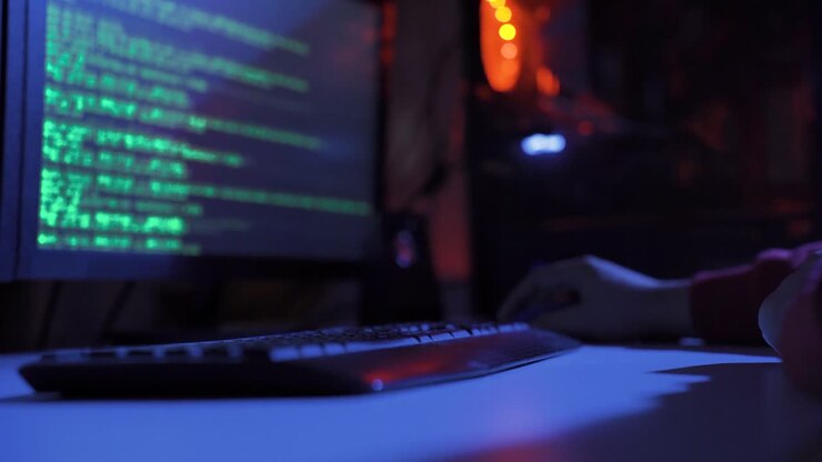 Male hacker doing cyber attack in a dark gloomy room with screen.