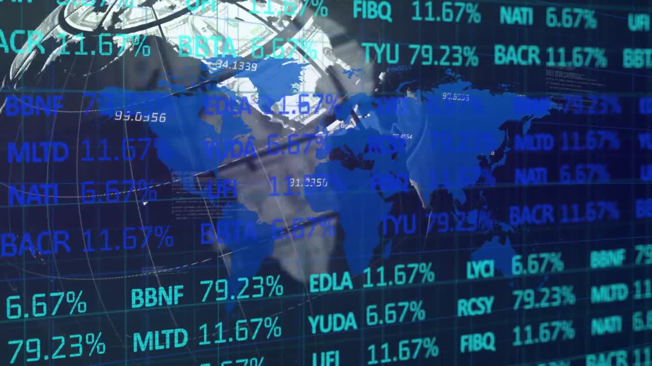Stock market data processing against globe of american dollars spinning