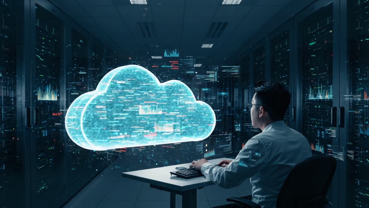 A Professional Analyzing Cloud Data Visualization in a High-Tech Server Room Amidst Complex Data Graphs and Digital Interfaces