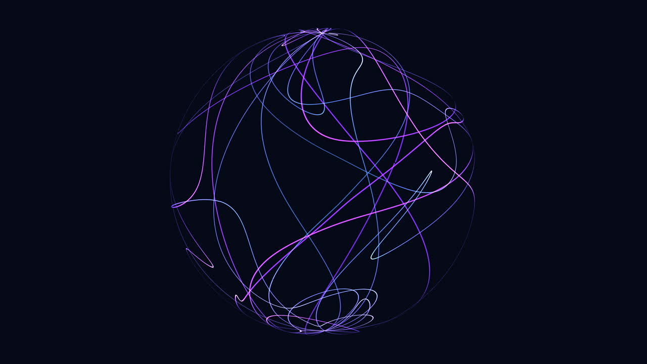 Dynamic glowing neon lines trace around a spherical shape on a dark background, creating an abstract digital globe concept ideal for technology, data, network and futuristic design projects