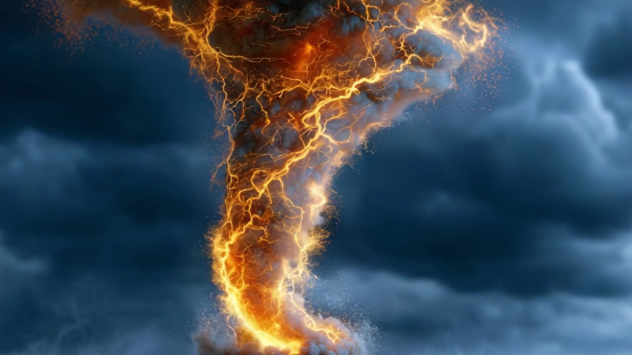 Una Visuale Mozzafiato di un Tornado Infuocato: Un Fenomeno Naturale che Combina Fulmini e Devastazione su uno Sfondo Nuvoloso e Scuro.