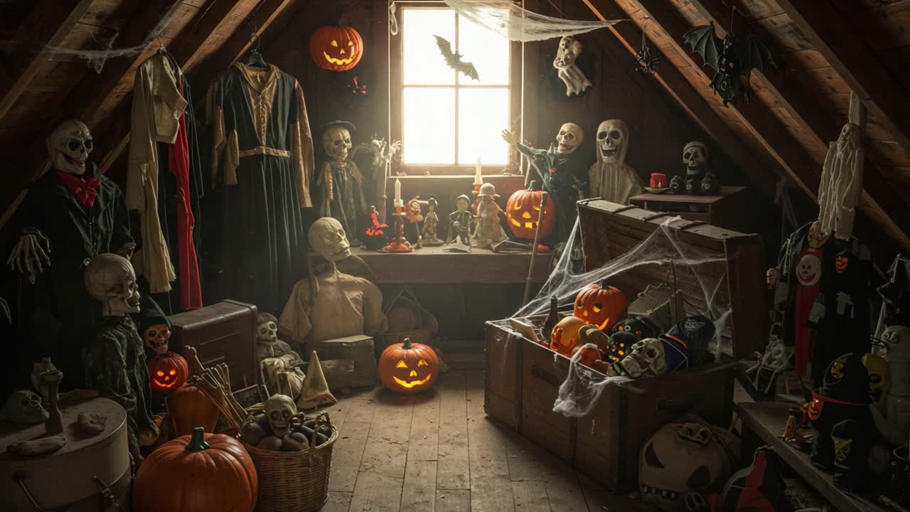 Soffitta di Halloween spettrale: una scena stravagante piena di scheletri inquietanti, Jack-o'-lantern e decorazioni festive, perfetta per celebrare la stagione infestata.