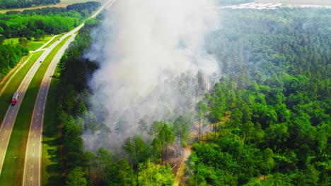aerial view of wildfire in georgia forest near highway with thick smoke columns. usa