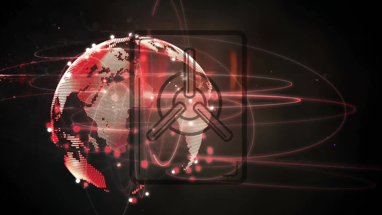 검은색 배경에 회전하는 지구상에서 빛의 흔적 위에 보안 금고 아이콘의 디지털 애니메이션