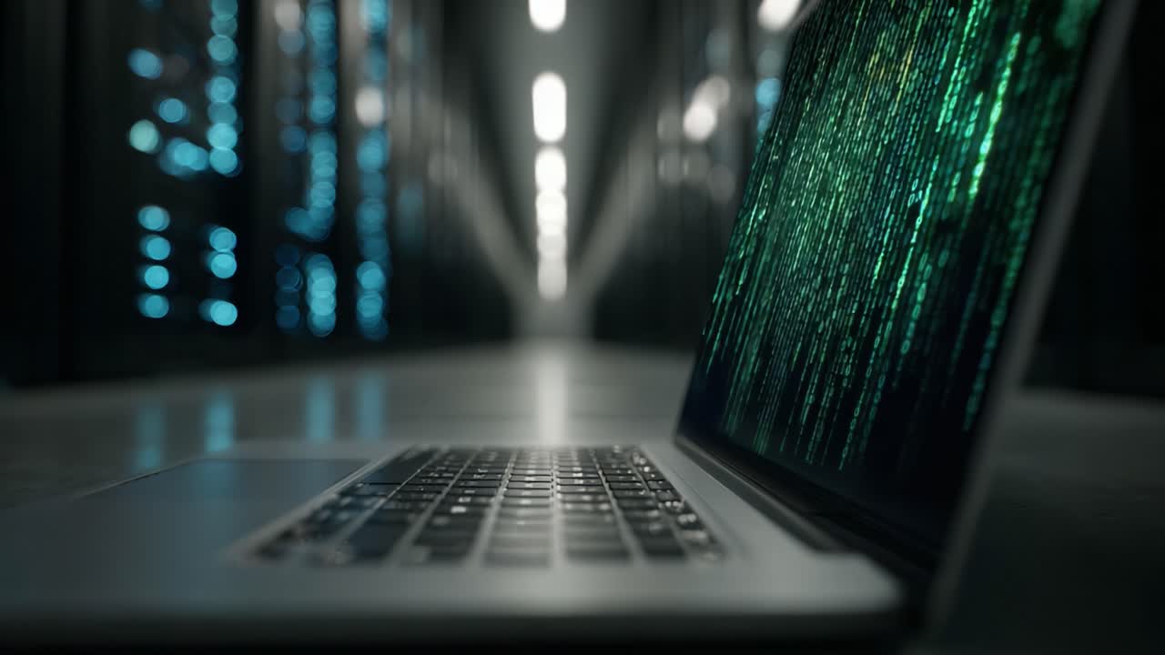 Illuminated Laptop Displaying Green Binary Code in a Dimly Lit Data Center, Conveying the Essence of Digital Technology and Cybersecurity Concepts