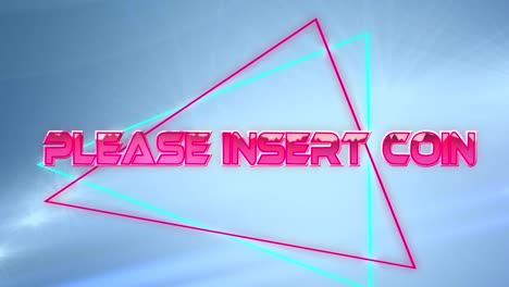 animation of please insert coin text over shapes on blue background