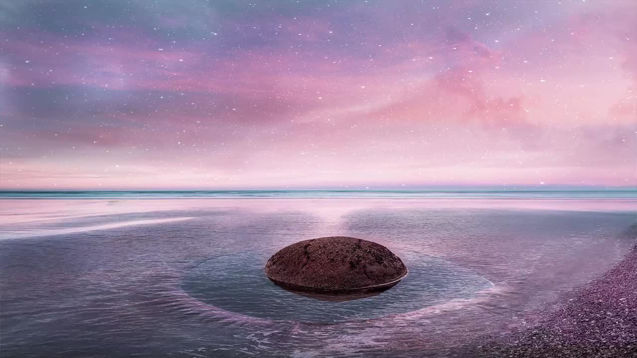 Moeraki Boulder sits in gentle surf at dawn on Koekohe Beach as soft pastel sky reflects across calm water creating peaceful coastal scene along Otago Coast in New Zealand