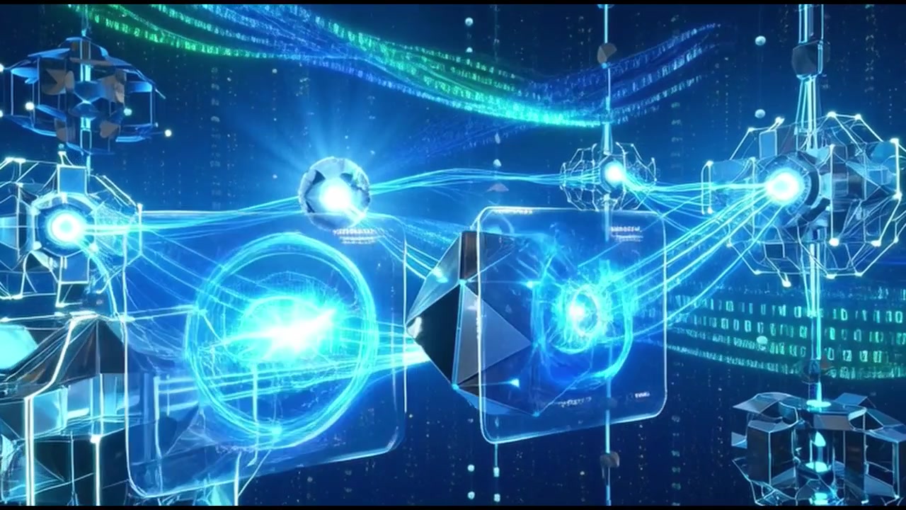 Connessione di rete digitale con forme geometriche e flussi di dati