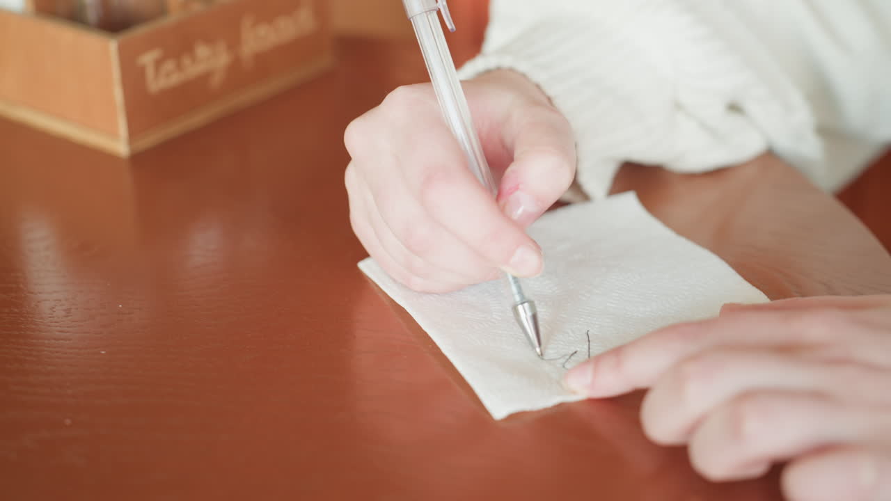 Close up of person pulling napkin from wooden container on brown table, preparing to sketch, beside spice jars and pen in warm cozy cafe interior with soft natural lighting and wooden textures