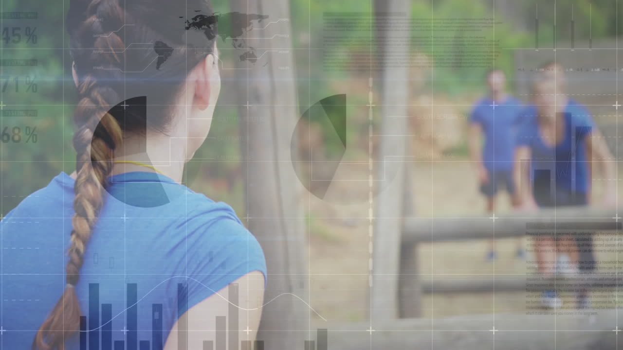 Animation of data processing over group of men and women at obstacle course