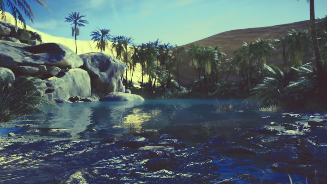 Tranquil oasis surrounded by lush palm trees in a golden desert landscape