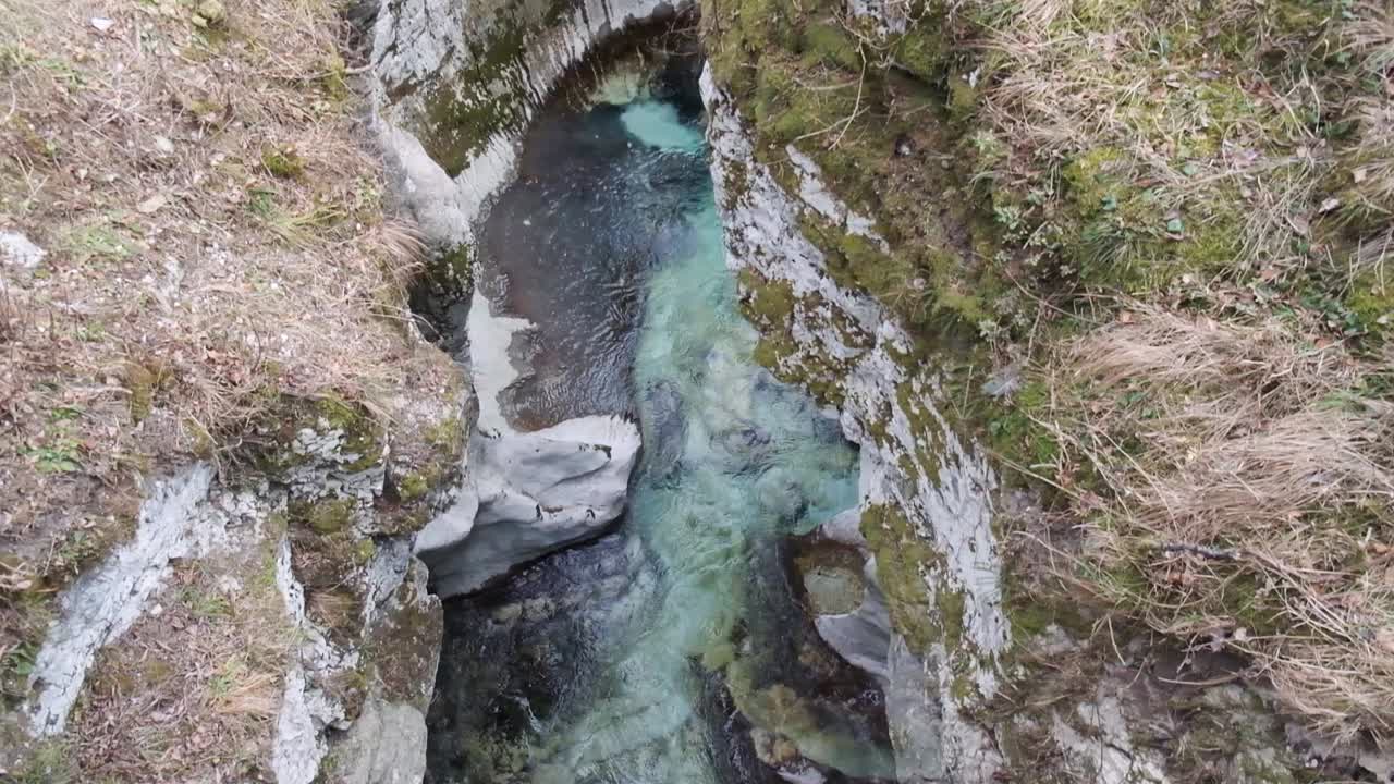 Splendida vista dell'acqua turchese che scorre lungo il fiume Isonzo, Slovenia.