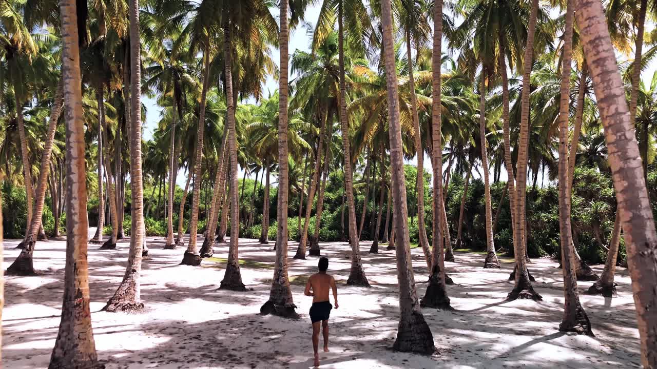 A man runs with energy and freedom along the untouched sands of Geiymiskih Fannu Beach, weaving through a dense forest of swaying palms.