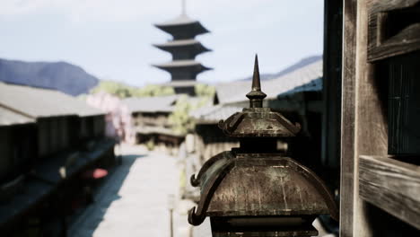 escena de una ciudad japonesa con una pagoda en el fondo