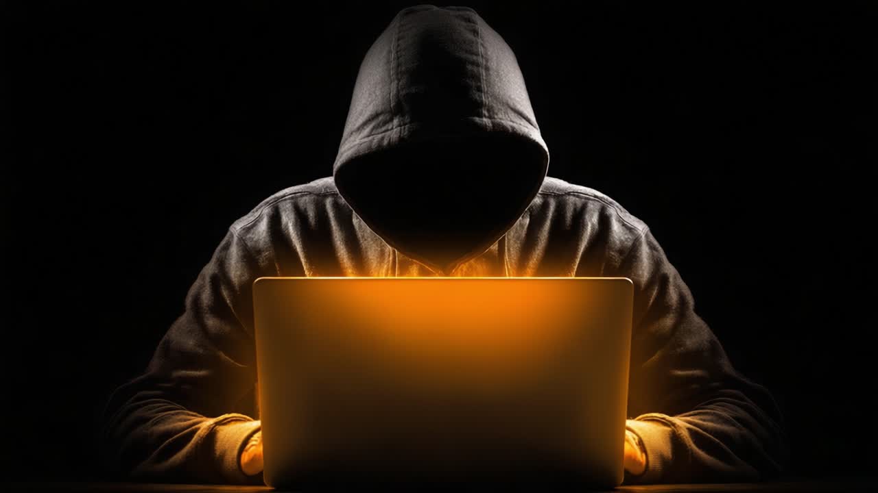 A shadowy figure cloaked in darkness, intently focuses on a glowing laptop, representing the world of digital mystery and anonymity often associated with hacking and cybersecurity