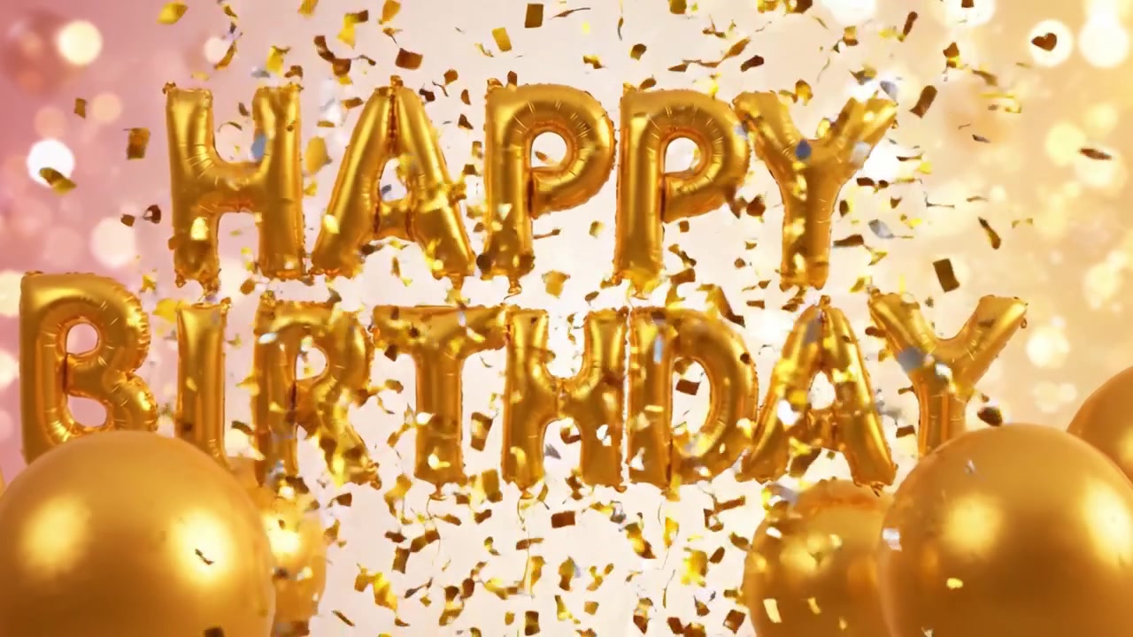 Una celebrazione festiva con vivaci palloncini dorati e uno sfondo frizzante, che presenta un glorioso messaggio di 'Buon Compleanno' in lettere di palloncini colorati.