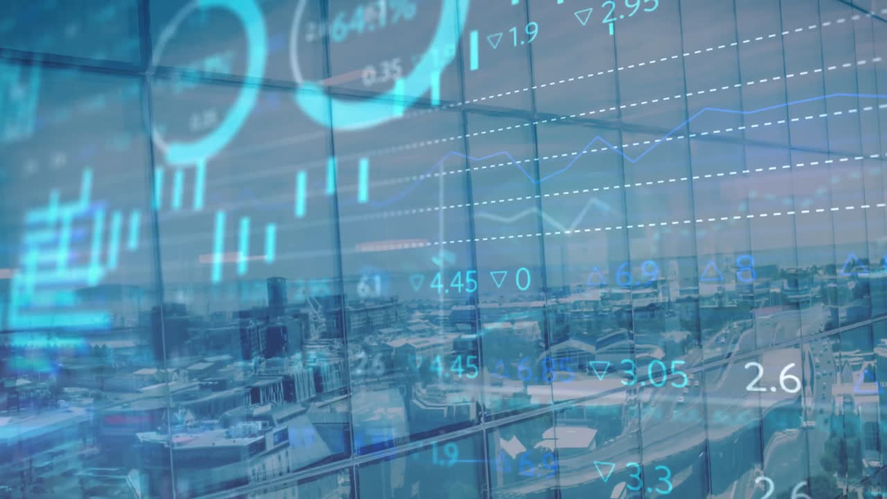 Animation of statistics and financial data processing over cityscape in background