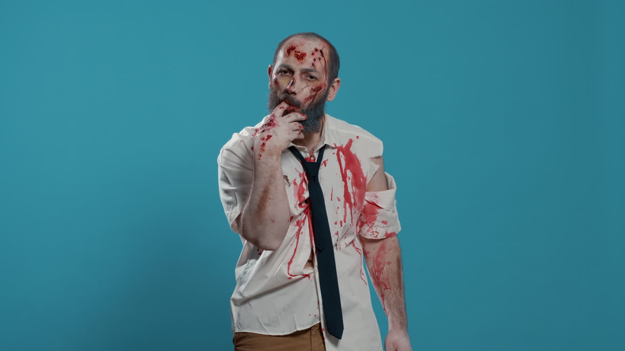 Uno zombie spaventoso e buffo manda baci all'obiettivo mentre si trova su uno sfondo blu