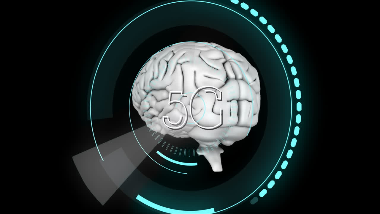5G text animation over brain model with digital circular interface