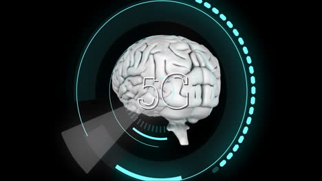 5g text animation over brain model with digital circular interface