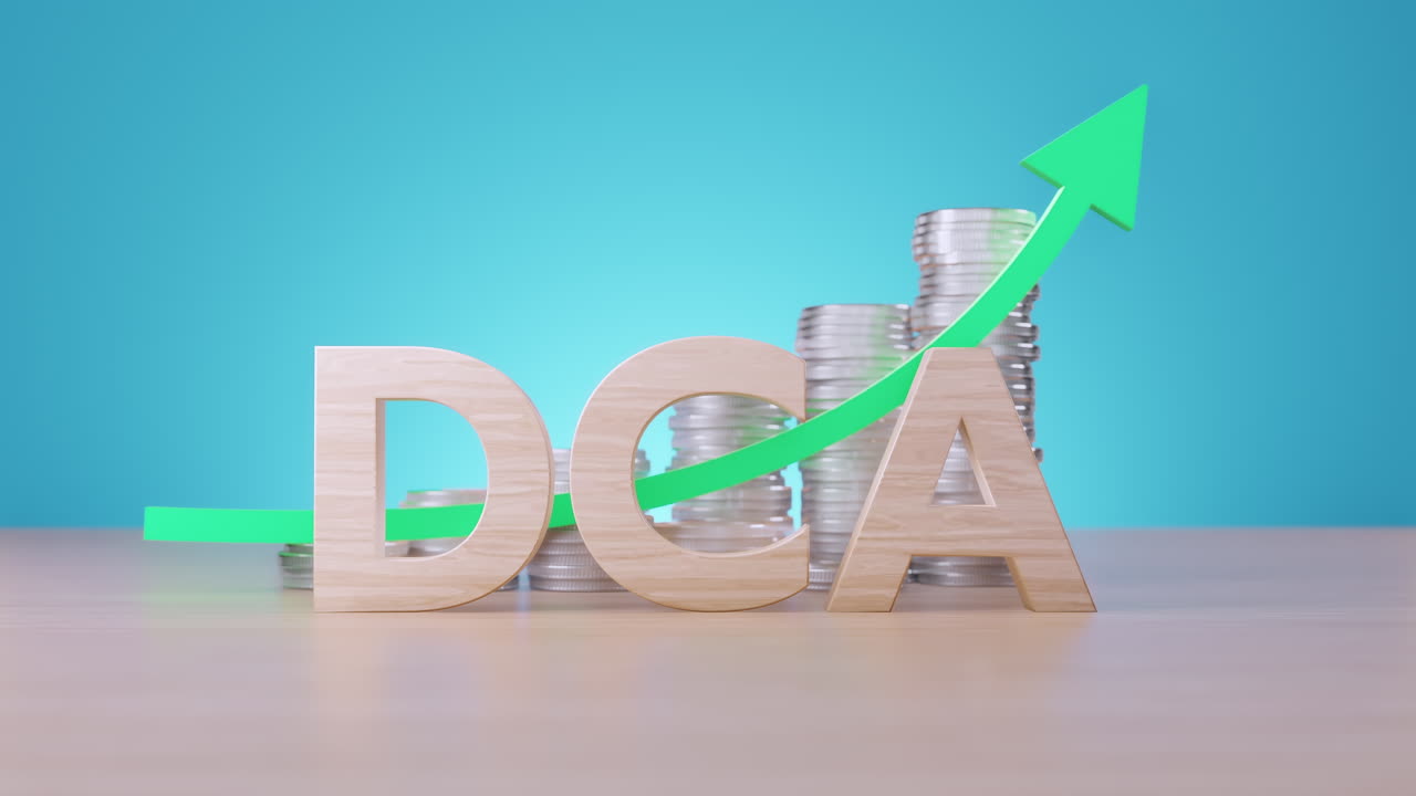 A 3D rendering shows the wooden letters DCA, representing Dollar-Cost Averaging, with stacks of silver coins and a rising green arrow symbolizing growth and investment strategy