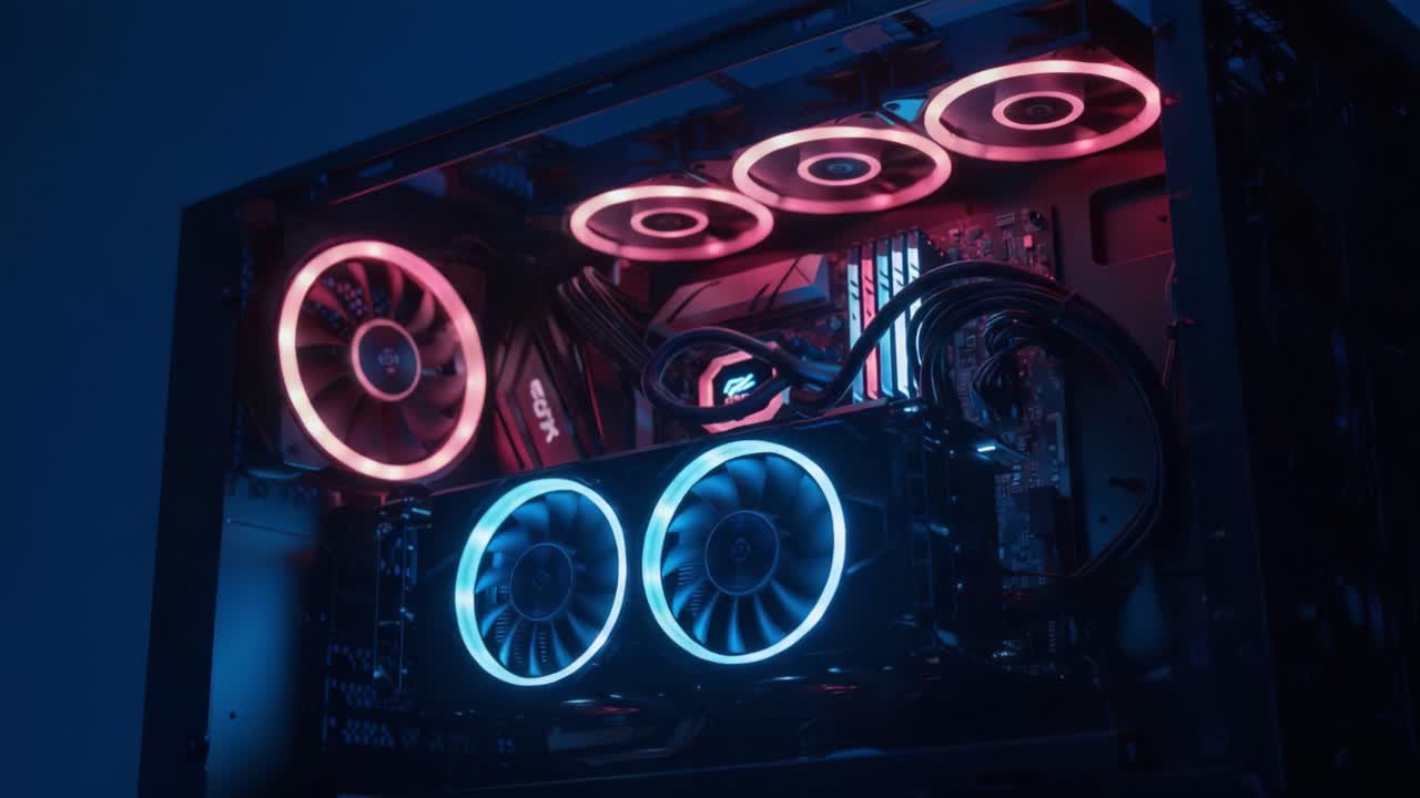 Dynamic Showcase of an Advanced Gaming PC Setup Featuring Powerful Graphics Card and Colorful RGB Lighting Display in a Sleek Case Design