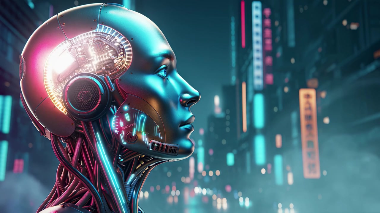 Futuristic AI Robot Head with Glowing Circuits in Cyberpunk City