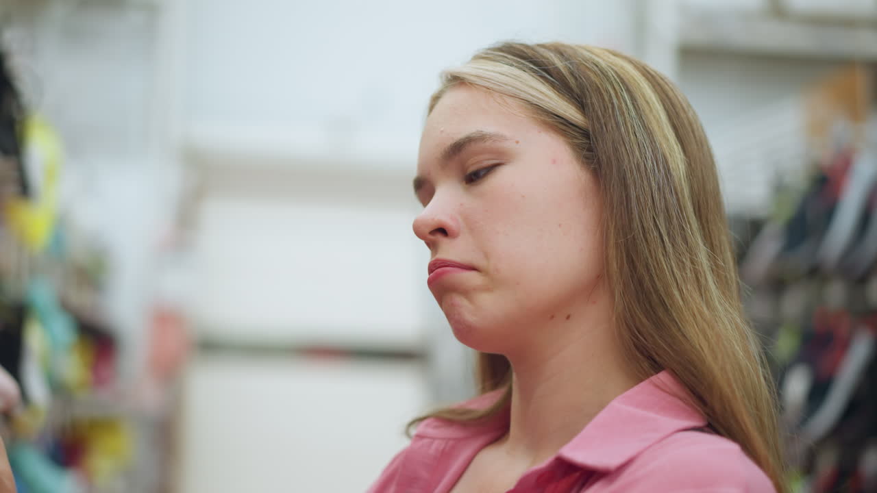 dama en vestido rosa desabrochado en una tienda asente pensativamente, con una expresión contemplativa en un centro comercial, mientras está de pie en un entorno bien iluminado, los elementos de fondo están ligeramente borrosos