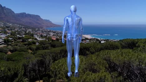 composición digital de un modelo humano caminando contra una vista aérea del paisaje urbano