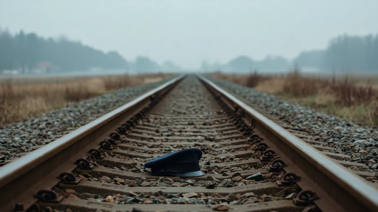 A Forgotten Authority: An Abandoned Cap Lays on the Tracks, Symbolizing the Passage of Time and the Lost Presence of Oversight in a Foggy Landscape