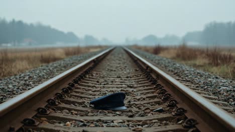 a forgotten authority: an abandoned cap lays on the tracks, symbolizing the passage of time and the lost presence of oversight in a foggy landscape
