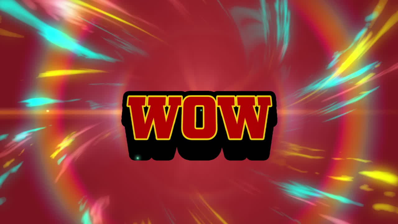 빨간 텍스트의 애니메이션 와우, 폭발과 무지개 헤로와 함께 회전하는 색상의 불빛