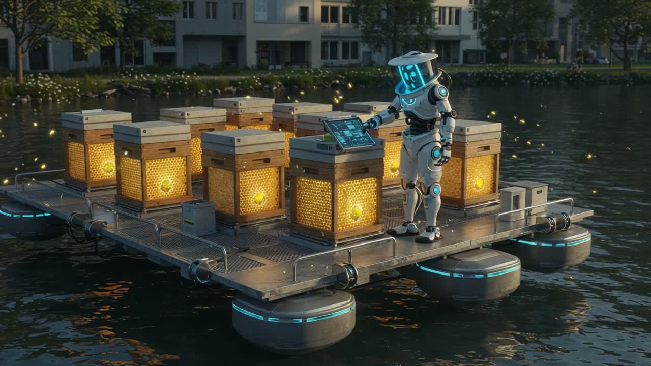 A futuristic robotic being engages with technology on a floating platform amidst glowing bee hives, illustrating the intersection of robotics and environmental initiatives