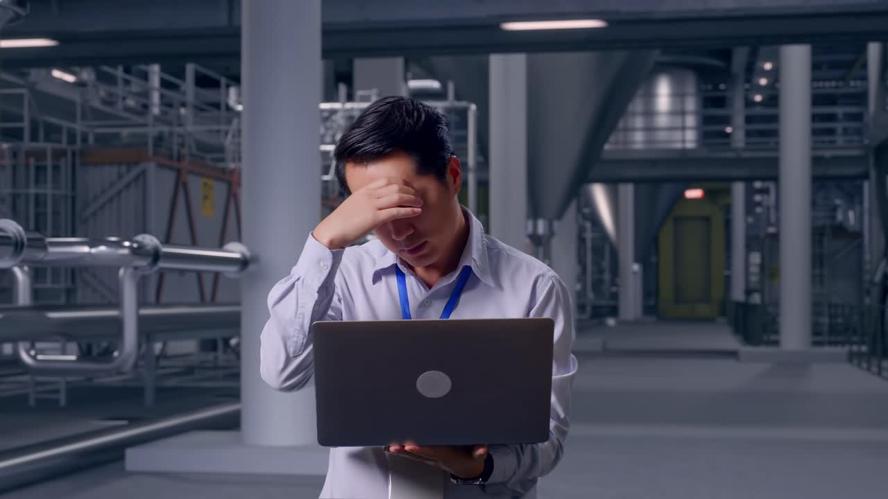 Asian Male Professional Worker Standing With His Laptop in Distillery Interior with Large Fermentation Tanks, He Is Nodding His Head With Dissapionted