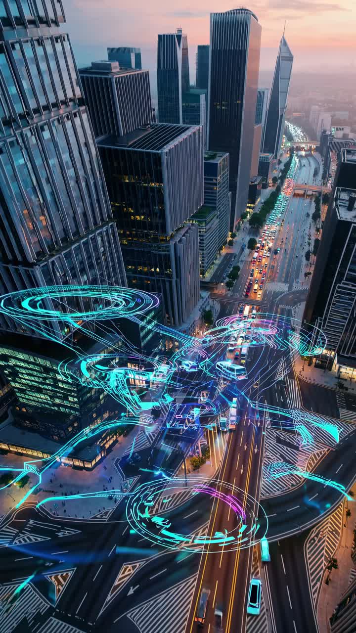 Paesaggio urbano futuristico con sovrapposizione di elementi IA. L'angolazione aerea cattura motivi digitali luminosi
