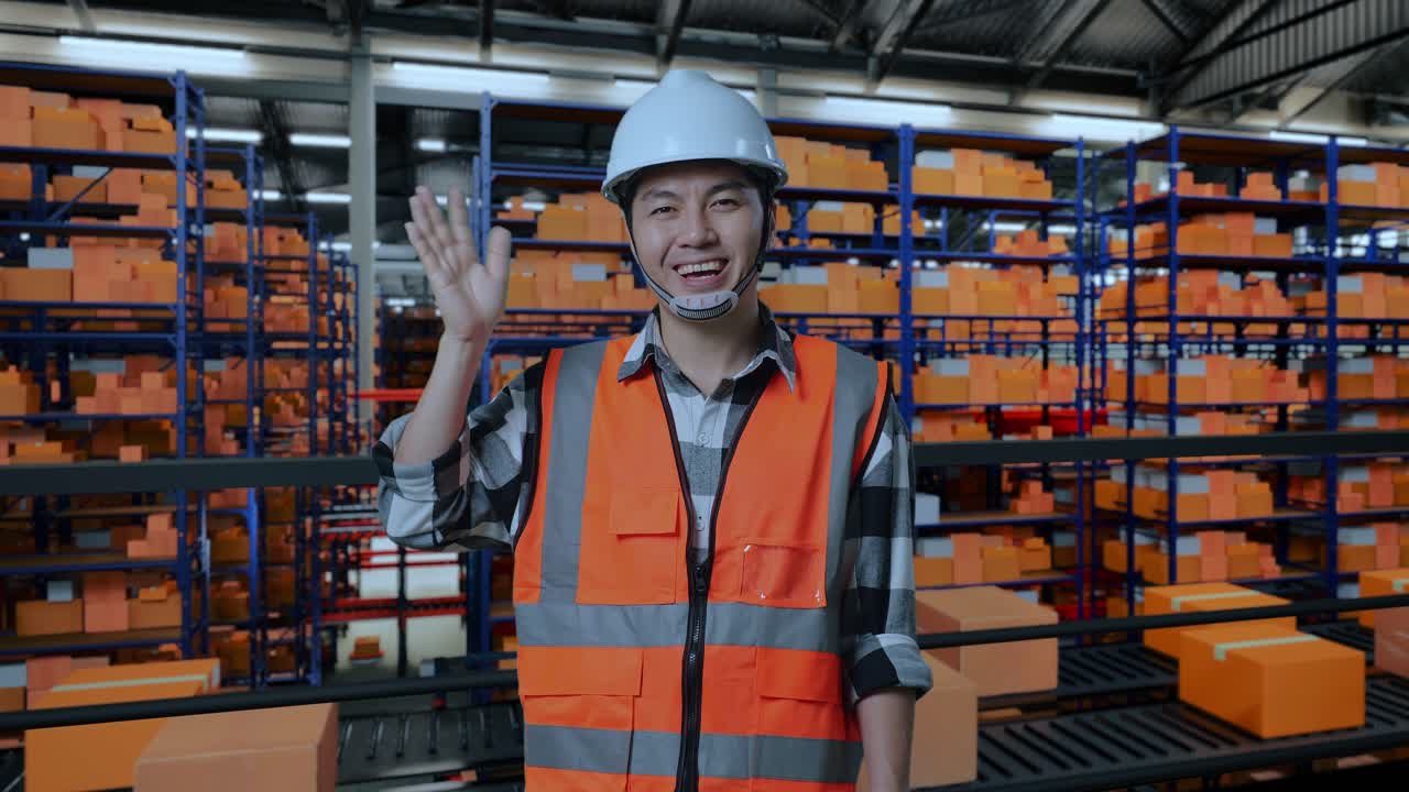 안전 헬을 입은 아시아 남성 엔지니어가 배달 물품으로 가득 찬 선반과 함께 창고에 서서 카메라에 미소 짓고 손을 흔들며 창고에서 작별 인사를합니다.