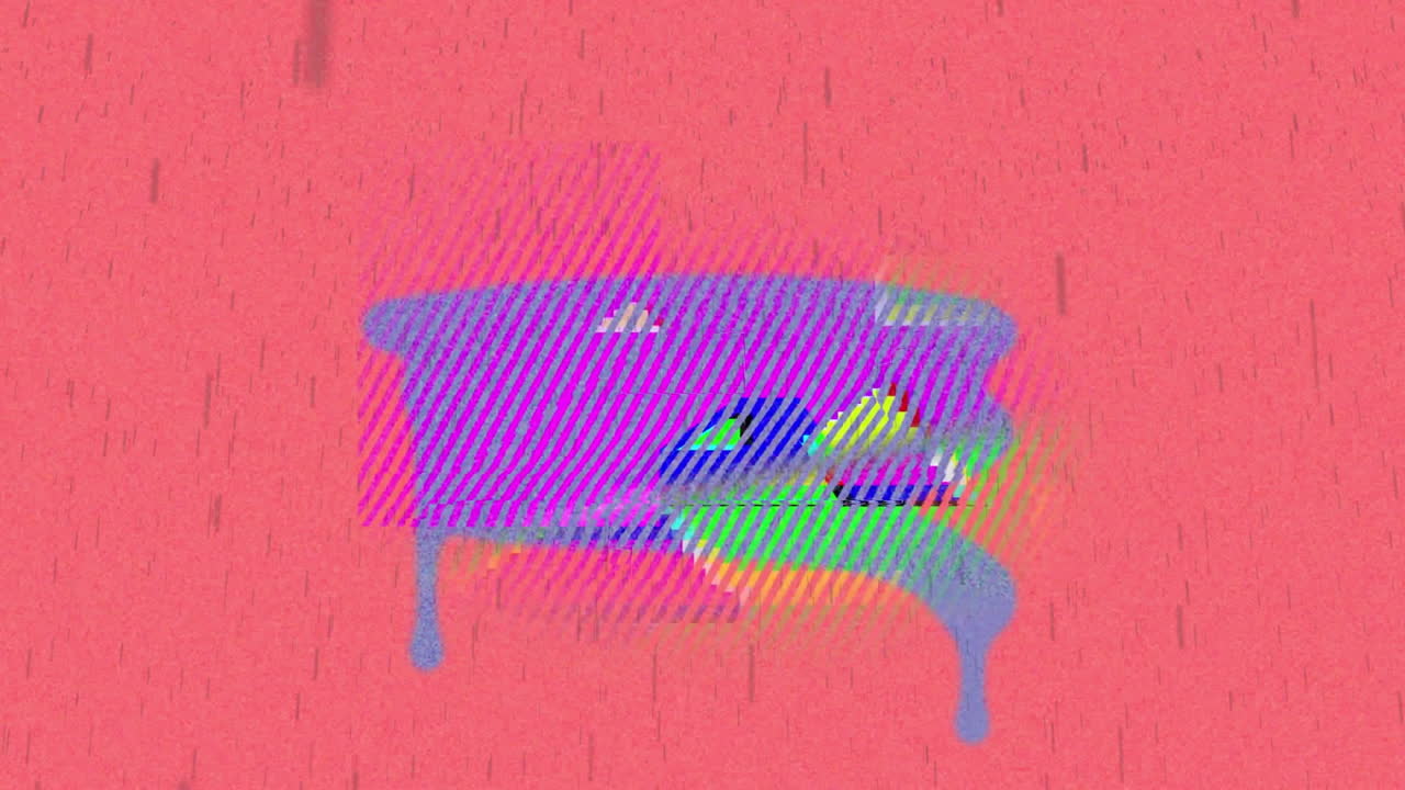 Stylized bench silhouette glowing amid glitching neon stripes over textured coral-pink background