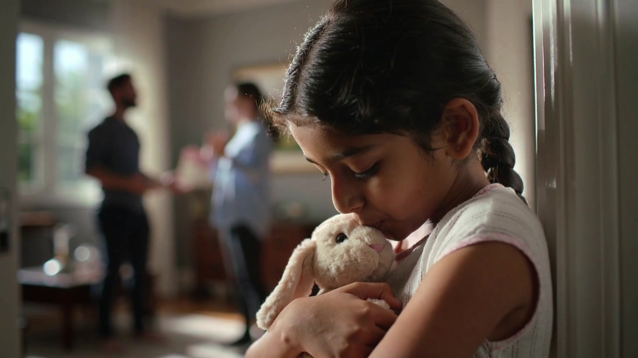 Niña india con top rosa, escuchando a sus padres hablar, apoyada en el marco de la puerta, abrazando un conejo, espacio para texto.