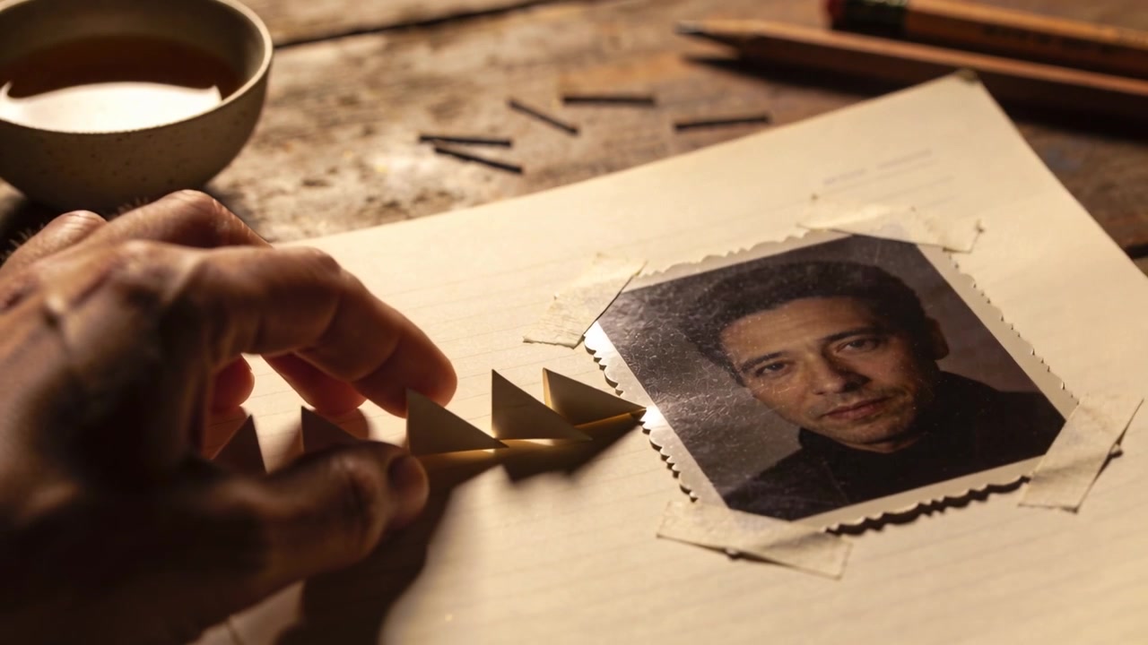 Entering adult hand nudging gold pyramids toward portrait in dark top on scrapbook page, copy space