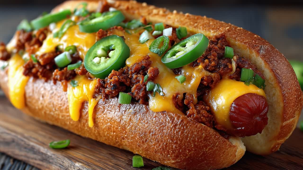 Un delizioso hot dog ricco, condito con jalapeños piccanti, formaggio saporito e carne gustosa per un'esperienza di snack irresistibile.