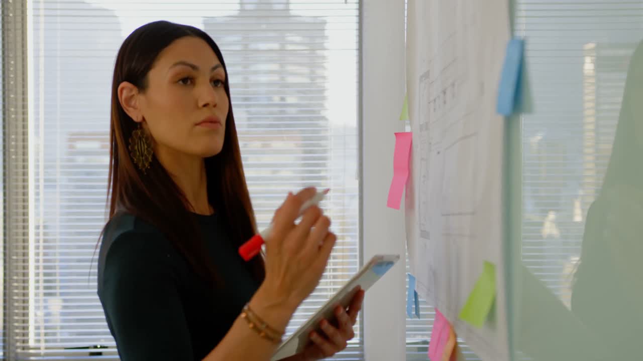 vista lateral de una joven ejecutiva caucásica con tableta digital trabajando en un tablero de vidrio 4k