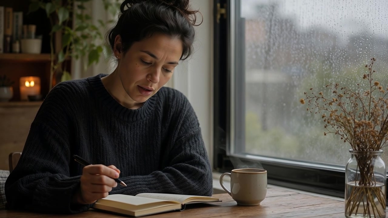Young woman writing in a notebook by a window on a rainy day