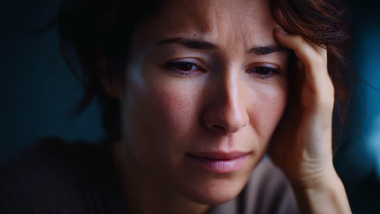 Uma mulher contemplativa demonstrando emoções profundas, refletindo conflito interior e vulnerabilidade através de seus gestos faciais expressivos e comportamento pensativo