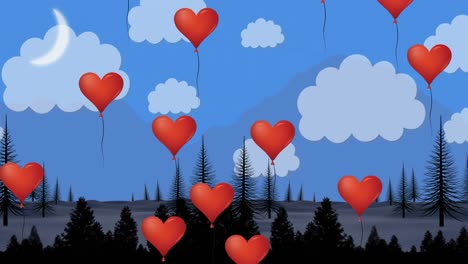 múltiples globos en forma de corazón flotando paisaje y cielo azul