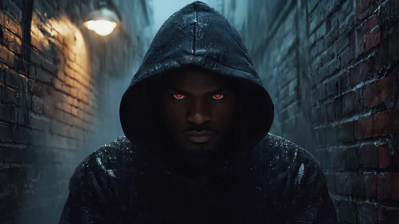 Mysterious Hooded Figure with Red Eyes in a Dark Alley