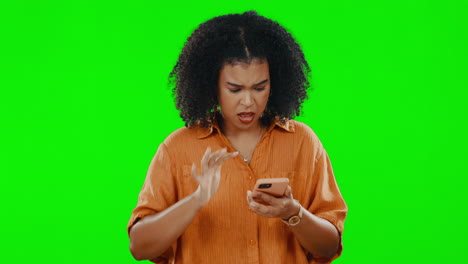 Glitch,-green-screen-and-woman-on-phone-with-404