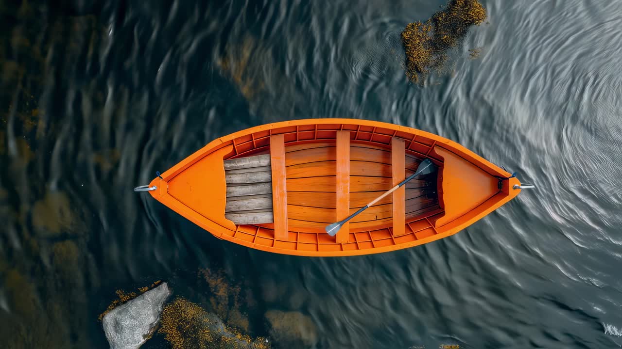 Small orange boat floating on dark waters, surrounded by rocks and seaweed, viewed from above with serene maritime atmosphere