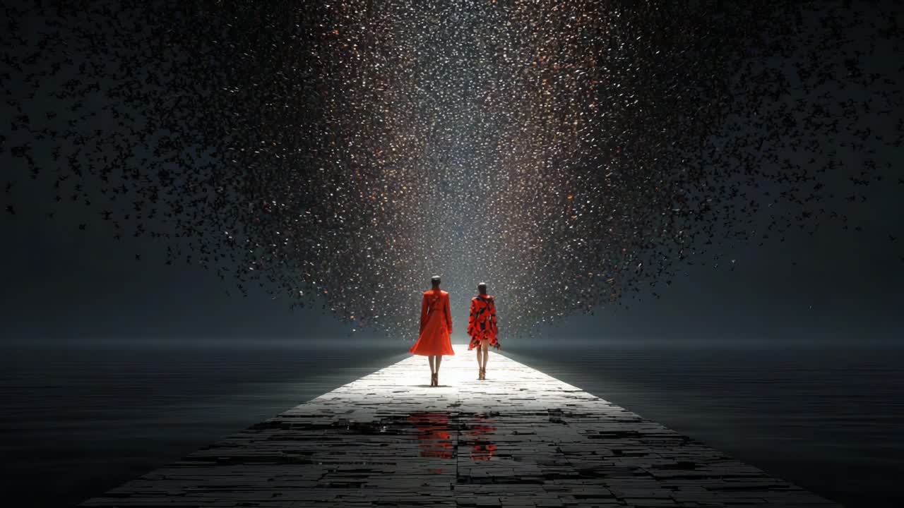 Two figures clad in vibrant red attire walk along a luminous path, surrounded by a cascade of glimmering particles, creating an ethereal and dreamlike atmosphere amidst darkness